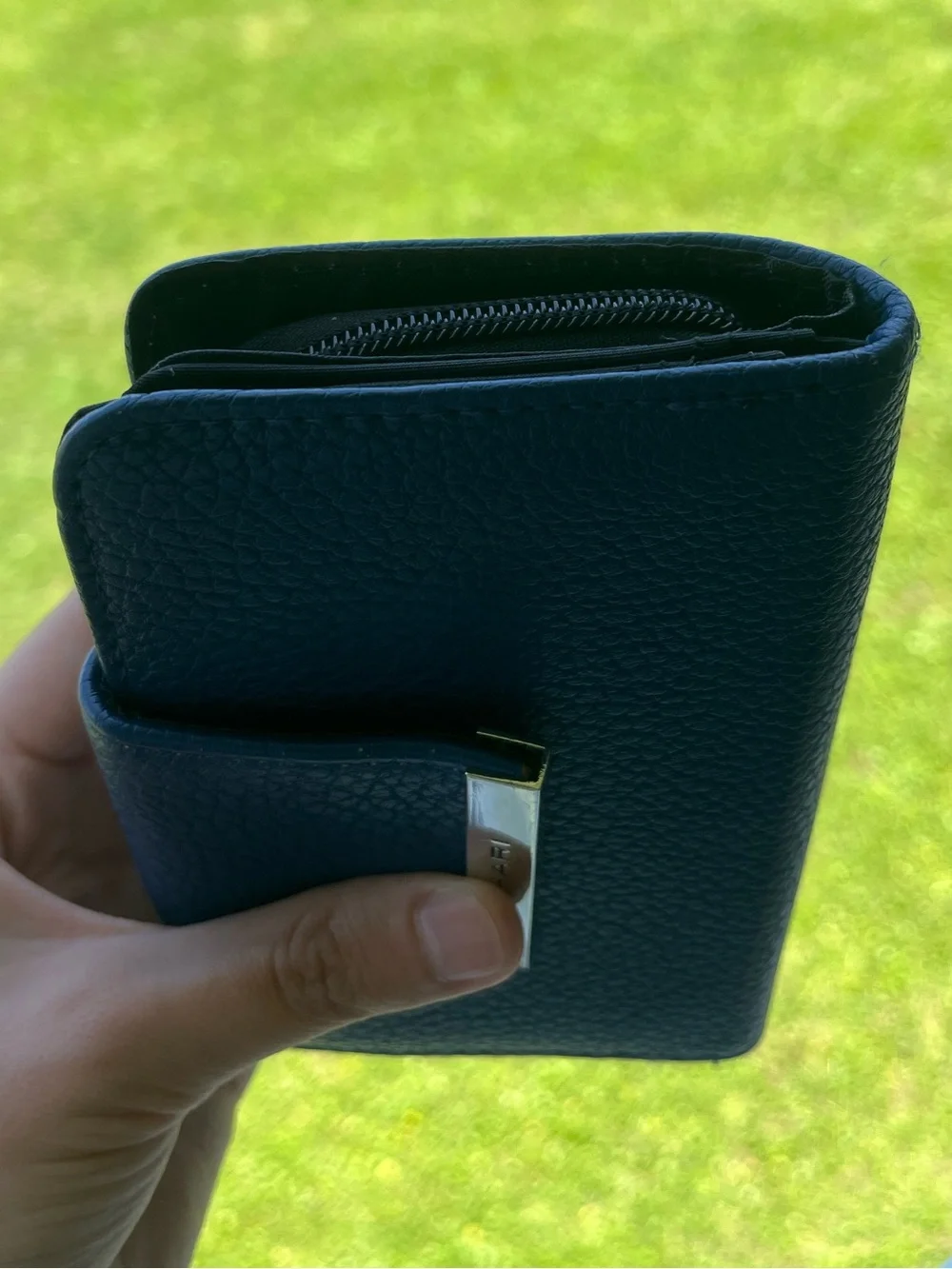 Tahari Dark Blue Pebbled Faux Leather RFID Zip Around Wallet Organizer Gold Tone